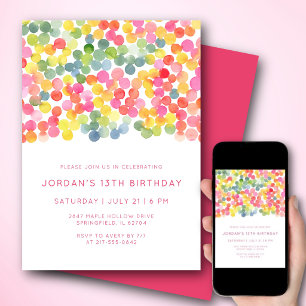 Invitación Cumpleaños 13 Moderno Acuarela Puntos Rosa Intenso
