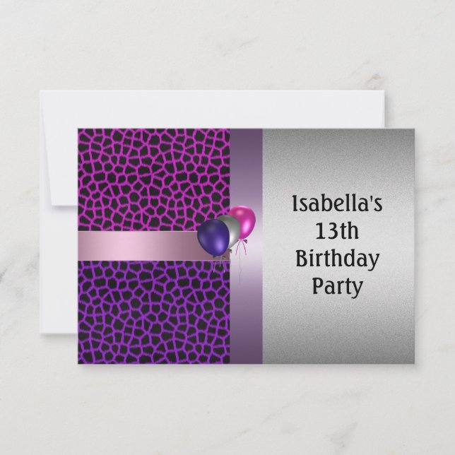 Invitación Cumpleaños 13 Morado Rosa Negro Patrón y Globos (Anverso)