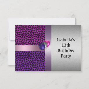 Invitación Cumpleaños 13 Morado Rosa Negro Patrón y Globos