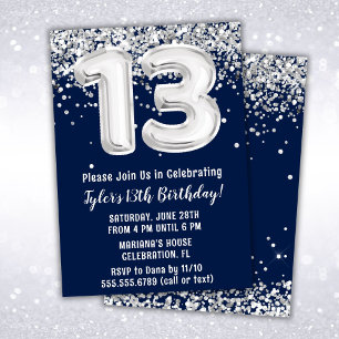 Invitación Cumpleaños 13 Navy Azul y Plata