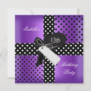 Invitación Cumpleaños 13 Polca Punto Púrpura Negro Blanco 2