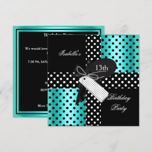 Invitación Cumpleaños 13 Polka Dot Azul Turquesa Negro Blanco