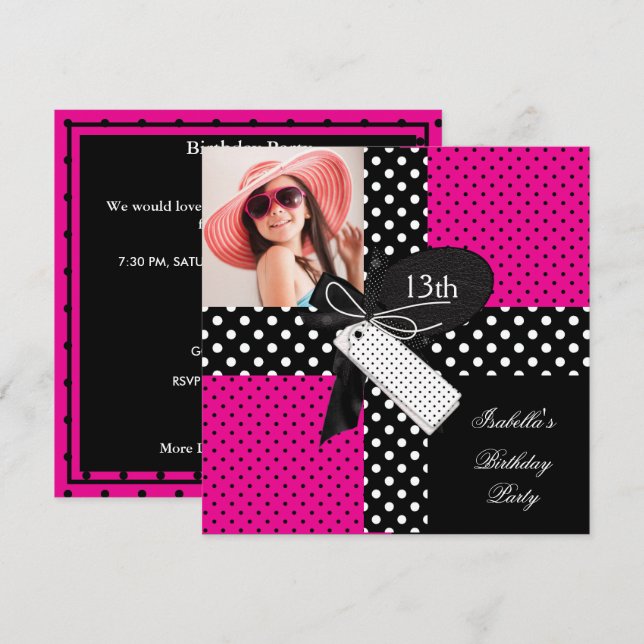 Invitación Cumpleaños 13 Polka Dot Rosa Fucsia Negro Blanco (Anverso / Reverso)