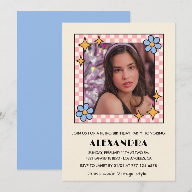 invitación cumpleaños 13 Retro Groovy Floral Azul (Anverso / Reverso)