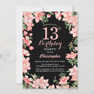 Invitación Cumpleaños 13 Rosado Floral Flores Fondo Negro