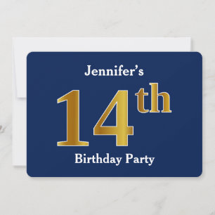 Invitación Cumpleaños 14 Azul, Dorado Falso + Nombre Personal