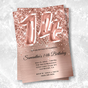 Invitación Cumpleaños 14 Brillante Glam Rose Dorado Purpurina