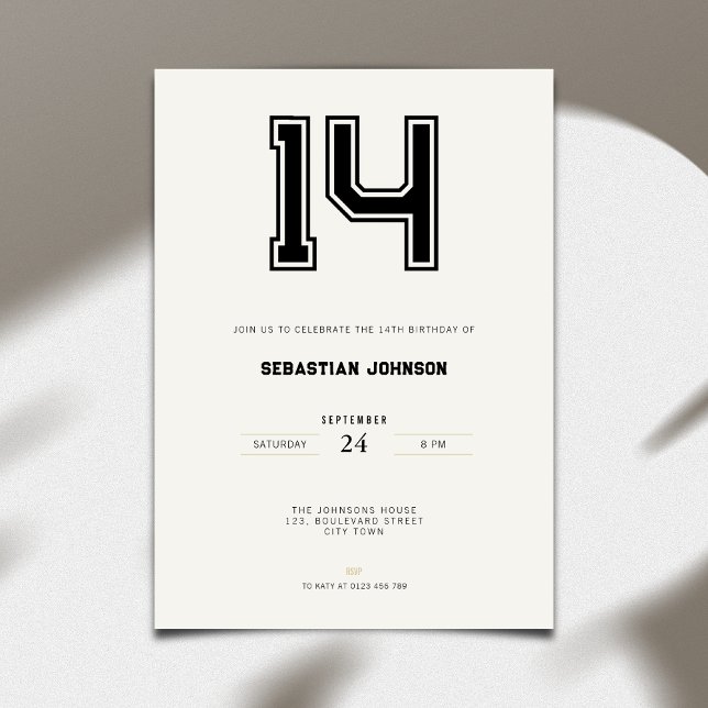 Invitación Cumpleaños 14 - Estilo Deportivo Minima (14th birthday invitation simple sport design for teenagers)