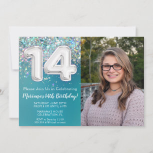 Invitación Cumpleaños 14 Foto Brillo Teal Plata