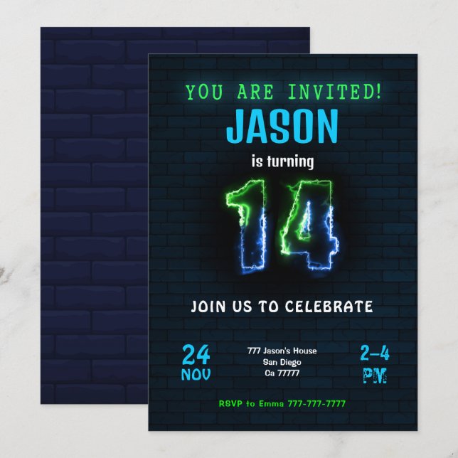 Invitación cumpleaños 14 niño (Anverso / Reverso)