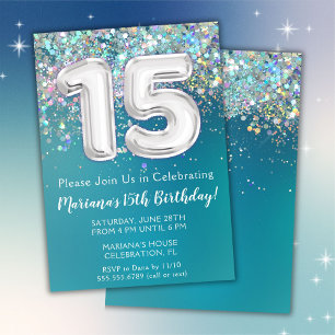 Invitación Cumpleaños 15 Años Brillo Teal Plata
