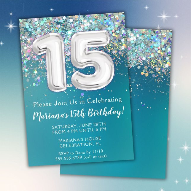 Invitación Cumpleaños 15 Años Brillo Teal Plata (Subido por el creador)