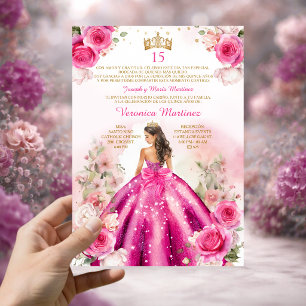 Invitación Cumpleaños 15 Años Princesa Rosa Fucsia Española