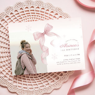 Invitación Cumpleaños 15 Chica Copo de Nieve Lazo Rosa Invier