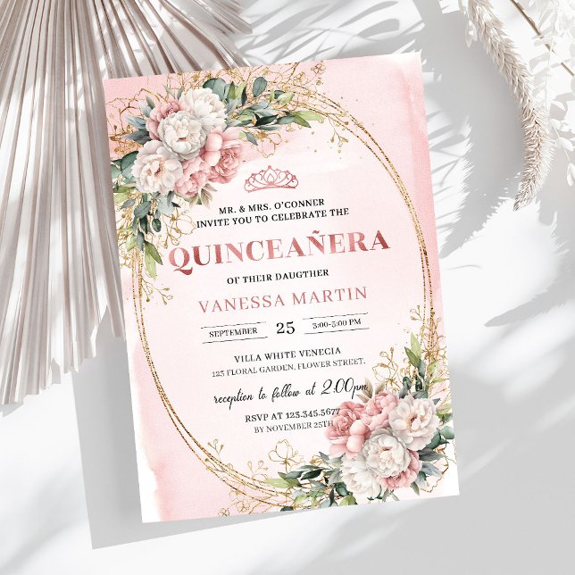 Invitación Cumpleaños 15 Garden Rose Gold Flores Verdor (Garden Rose Gold Flowers Greenery 15th Birthday)