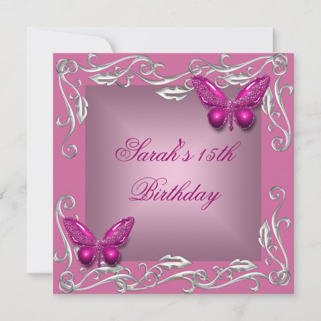 Invitación Cumpleaños 15 Mariposas Fiesta Flor Plateada Rosa (Anverso)