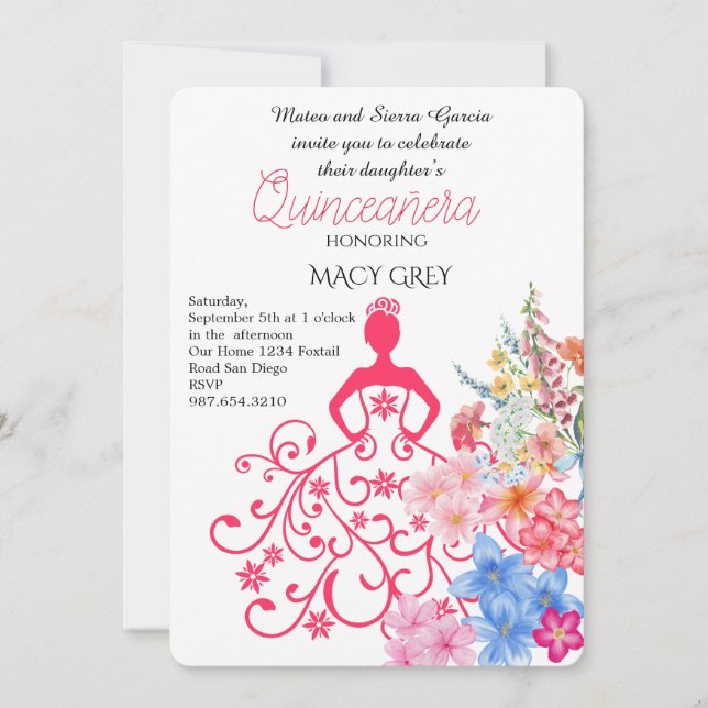Invitación Cumpleaños 15 Quinceañera Floral Rosado (Anverso)