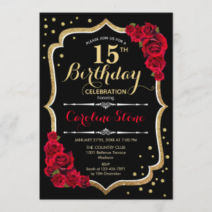Invitación Cumpleaños 15 - Rosas rojas de oro negro
