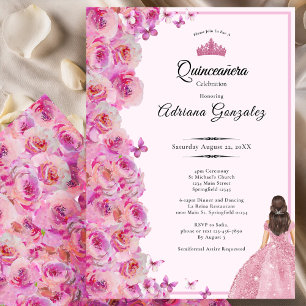 Invitación Cumpleaños 15 Rosas Rosadas y Vestido Quinceañera