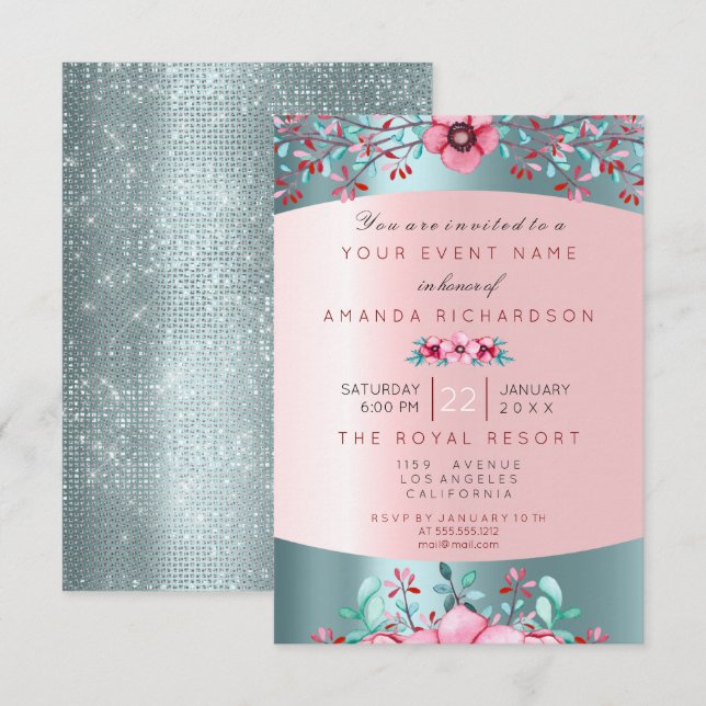 Invitación Cumpleaños 16.ª Bridal Floral Pink Blue Water Aqua (Anverso / Reverso)