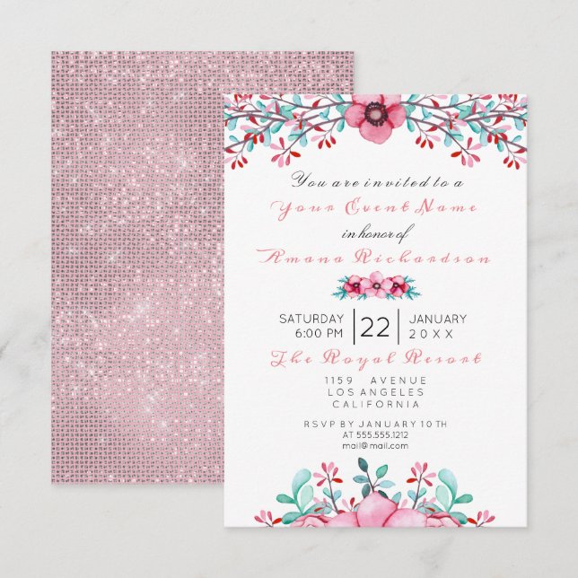 Invitación Cumpleaños 16.ª Bridal Floral Pink Bohemian Sparkl (Anverso / Reverso)