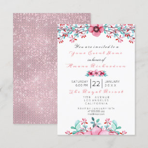Invitación Cumpleaños 16.ª Bridal Floral Pink Bohemian Sparkl