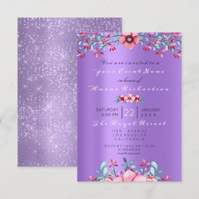 Invitación Cumpleaños 16.ª Bridal Floral Púrpura Púrpura Púrp (Anverso / Reverso)