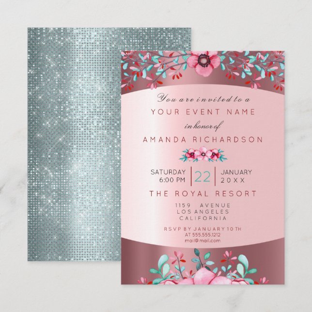 Invitación Cumpleaños 16.ª Rosa de Aqua, floral y floral (Anverso / Reverso)