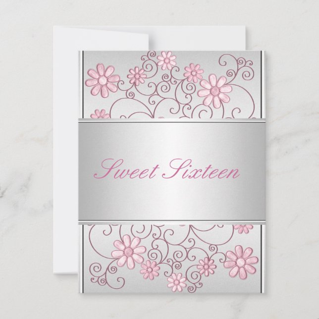 Invitación Cumpleaños 16 años con flores pálidas rosa claro y (Anverso)
