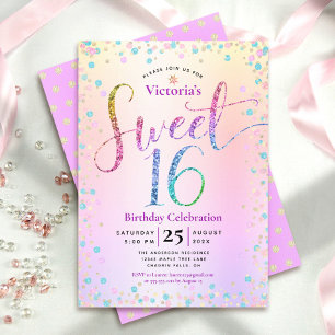 Invitación Cumpleaños 16 arcoíris destellos confeti Ombre