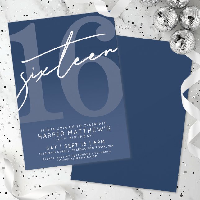 Invitación Cumpleaños 16 Azul (Sixteen Blue 16th Birthday Invitation)