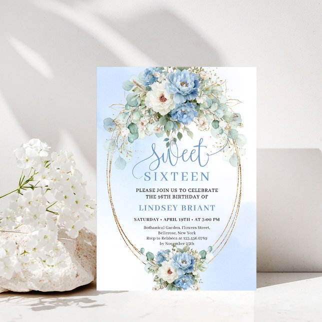 Invitación Cumpleaños 16 Chic Dusty Blue Peony Eucalyptus (Chic Dusty Blue Peony Eucalyptus 16th Birthday Invitation)