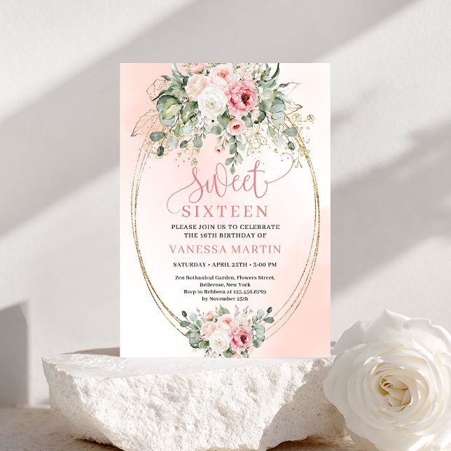Invitación Cumpleaños 16 Chic Rosa Dorado Brillante (Chic Pretty Blush Rose Gold Glitter 16th Birthday Invitation)