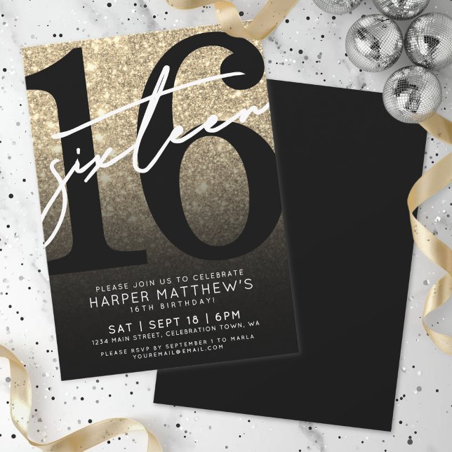 Invitación Cumpleaños 16 con brillo dorado (Gold Glitter 16th Birthday Invitation )