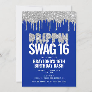 Invitación Cumpleaños 16 con Drippin Swag Azul y Plateado 