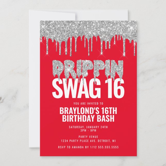 Invitación Cumpleaños 16 con estilo Red and Silver Drippin (Anverso)