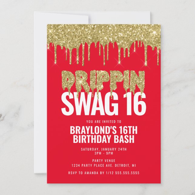 Invitación Cumpleaños 16 con estilo Rojo y Dorado Drippin Swa (Anverso)