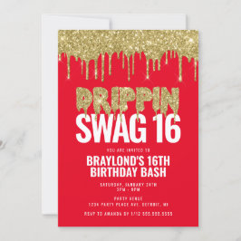 Invitación Cumpleaños 16 con estilo Rojo y Dorado Drippin Swa