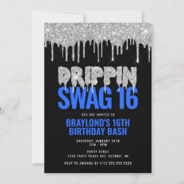 Invitación Cumpleaños 16 con estilo Silver and Blue Drippin