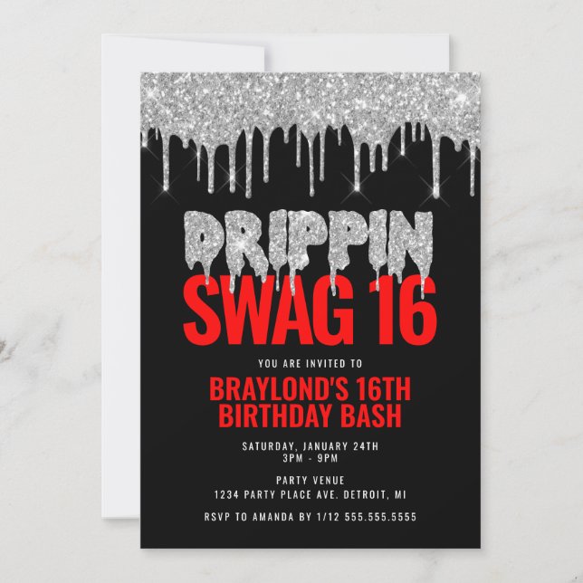 Invitación Cumpleaños 16 con estilo Silver and Red Drippin Sw (Anverso)