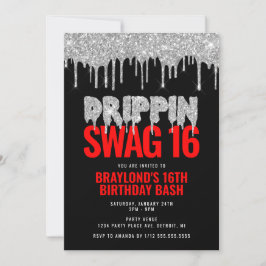 Invitación Cumpleaños 16 con estilo Silver and Red Drippin Sw