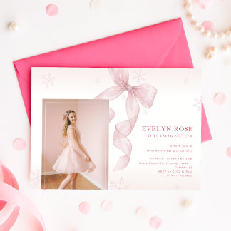 Invitación Cumpleaños 16 con lazo rosa Coquette de invierno