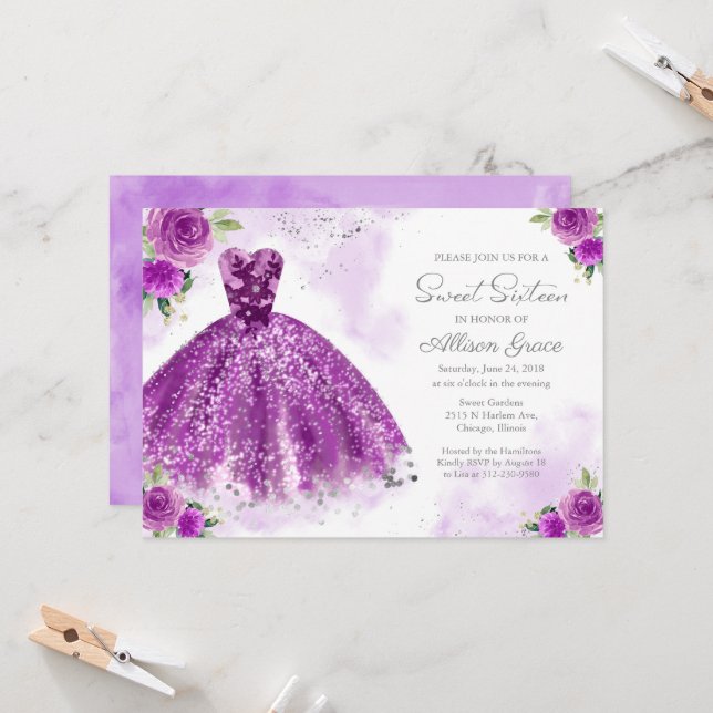 Invitación Cumpleaños 16 con Purpurina Plateada Ve (Anverso/Reverso In Situ)