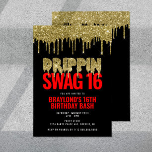 Invitación Cumpleaños 16 con Swag Dorado y Rojo que Gotea
