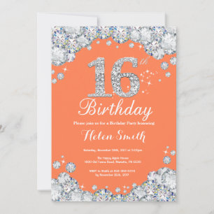 Invitación Cumpleaños 16 Coral y Diamante de Plata