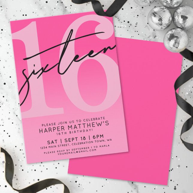 Invitación Cumpleaños 16 de color rosa intenso (Hot Pink 16th Birthday Invitation)