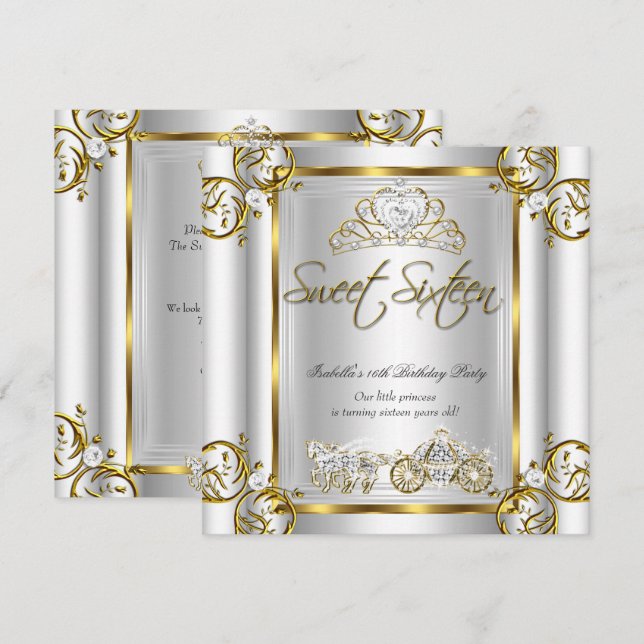 Invitación Cumpleaños 16 de Hada Dulce Oro Plata (Anverso / Reverso)