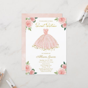 Invitación Cumpleaños 16 Dorado Foil Rosa Brillo V