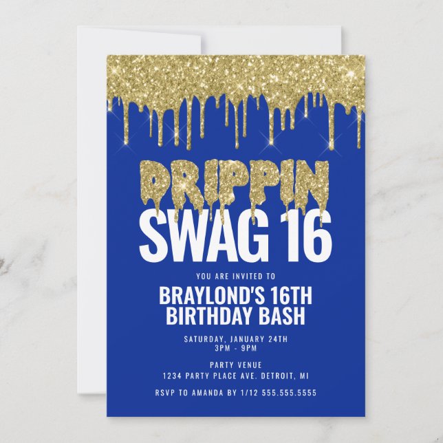 Invitación Cumpleaños 16 Drippin Swag Azul y Dorado  (Anverso)