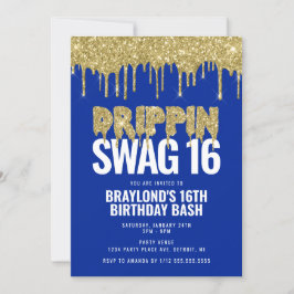 Invitación Cumpleaños 16 Drippin Swag Azul y Dorado 
